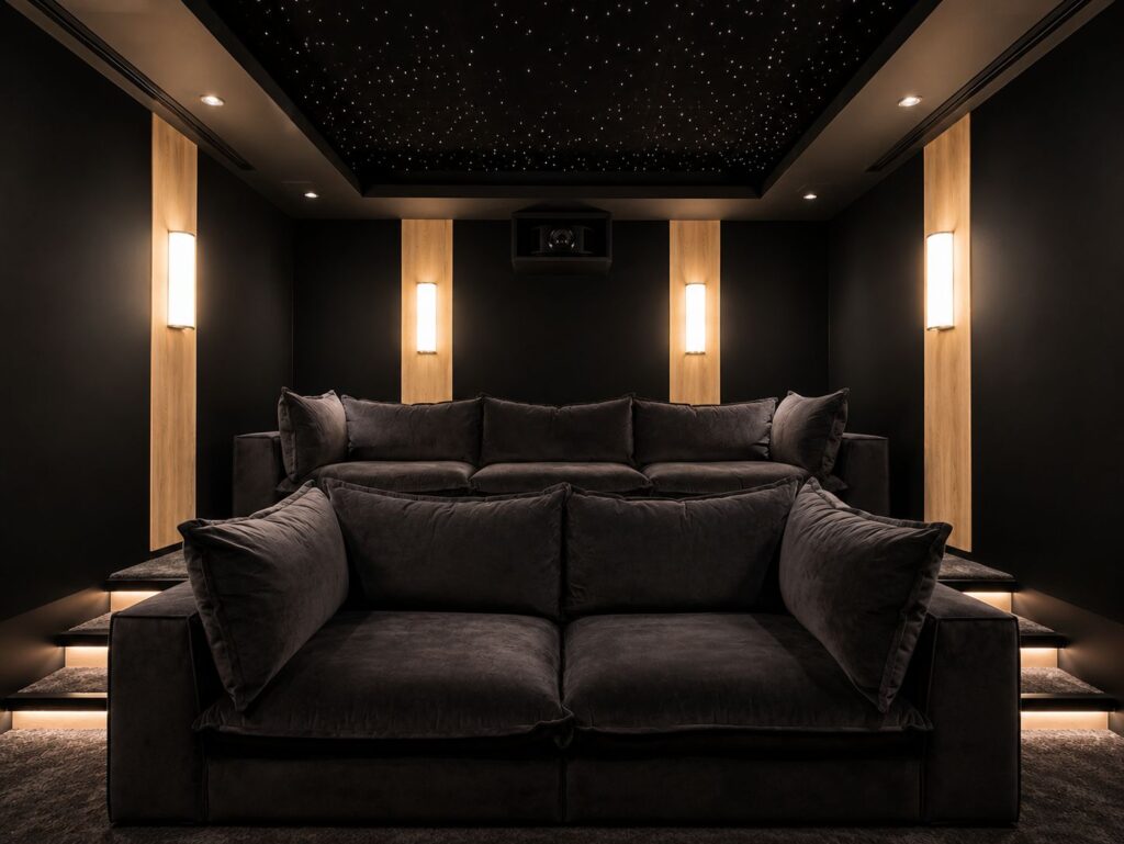 Traditional dark, single-purpose home cinema room in a Dubai villa