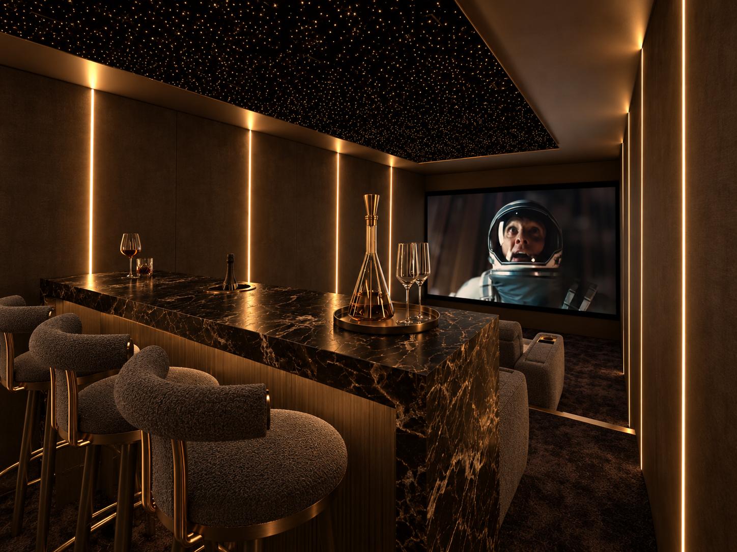 Elysian cinema design: bar with stools, star ceiling and screen